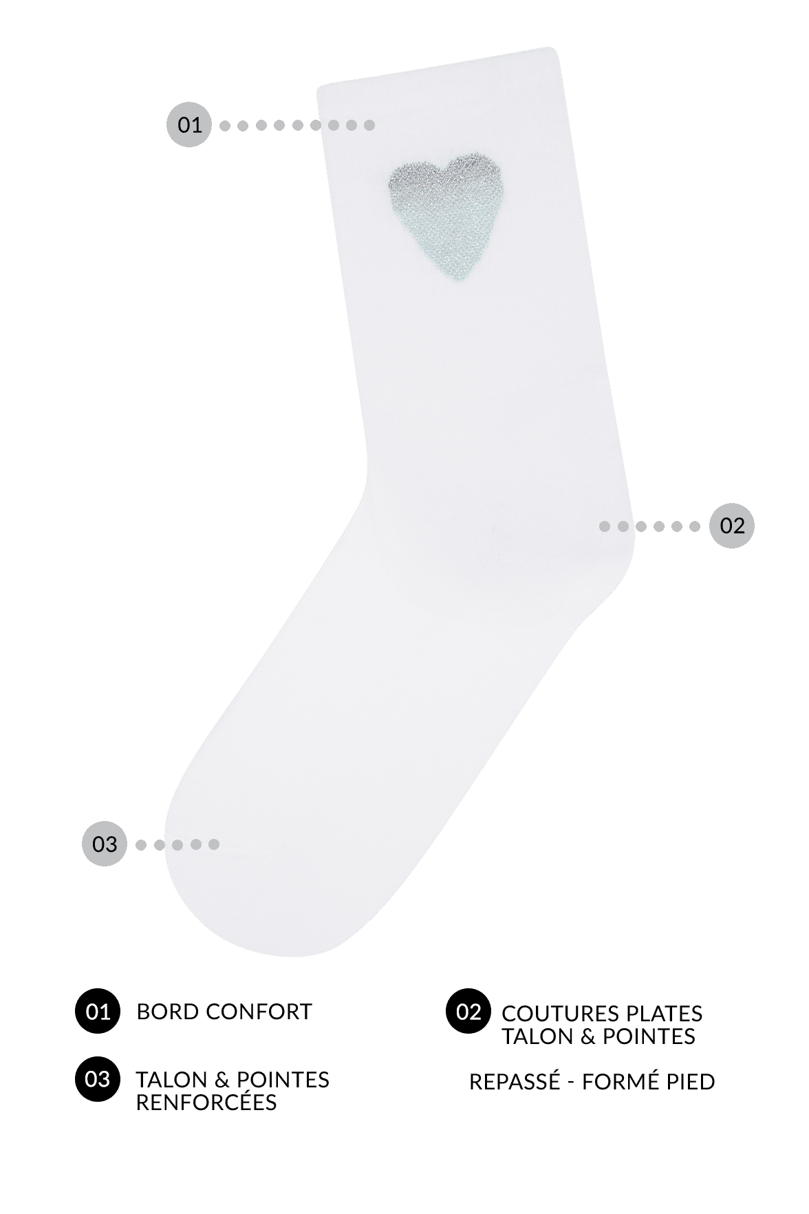 Socquettes Fantaisies Sport Motif Cœur Lurex avec Semelle Bouclette - Blanc Rosé