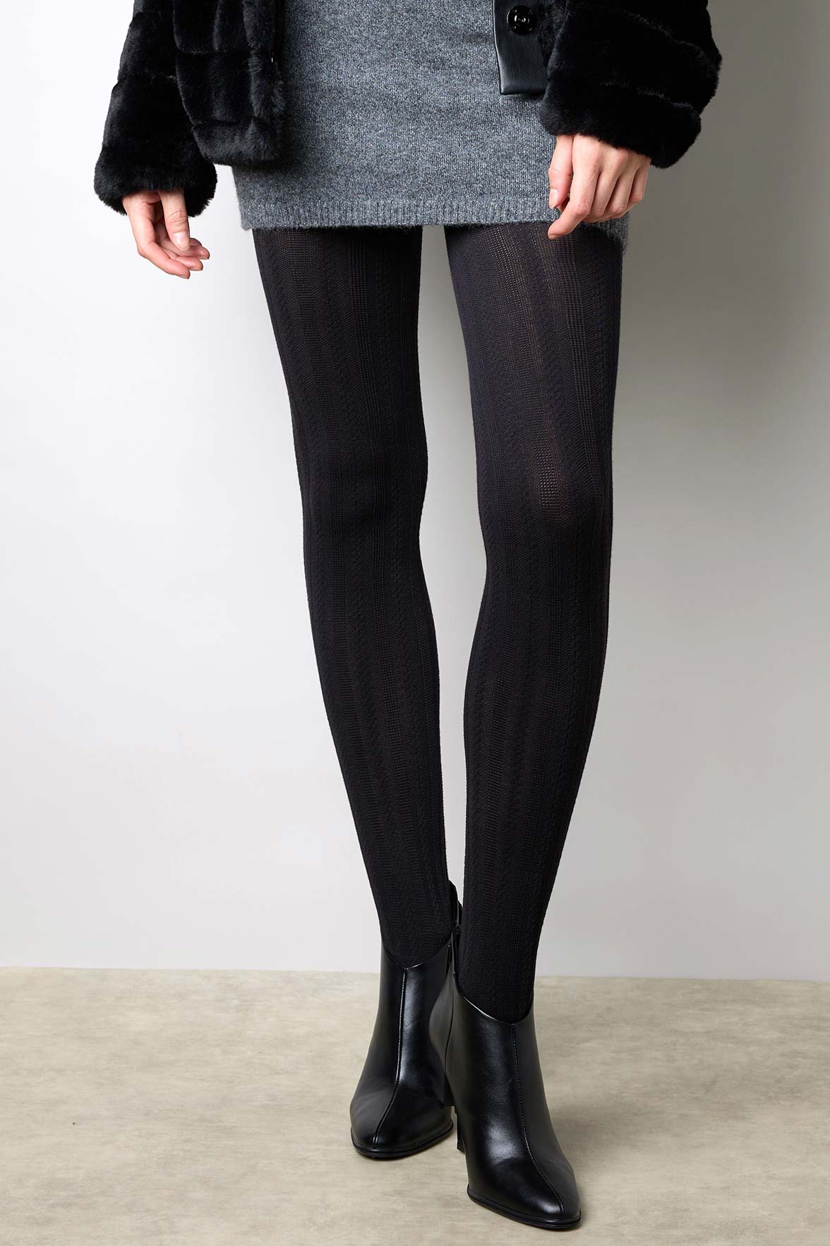 Collant Opaque Coton Fantaisie Motif Torsades Matière - Noir