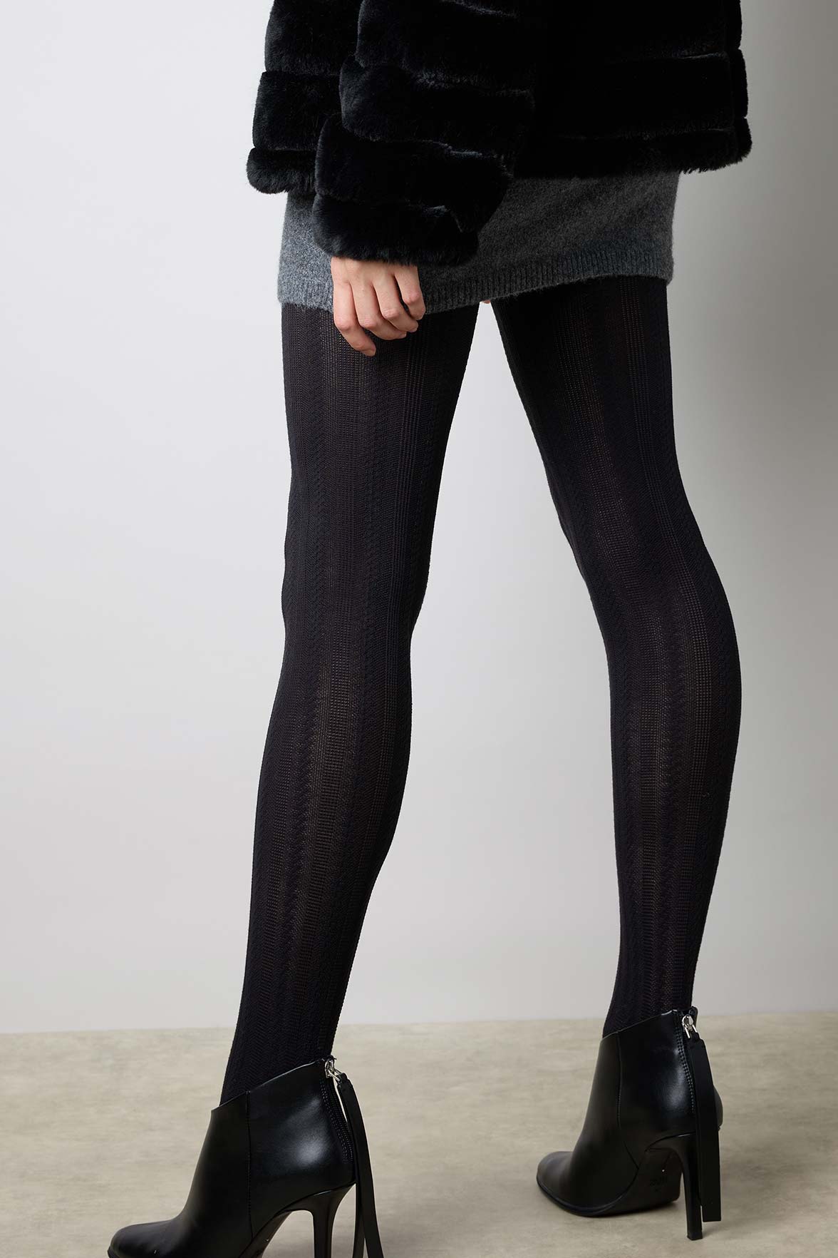 Collant Opaque Coton Fantaisie Motif Torsades Matière - Noir