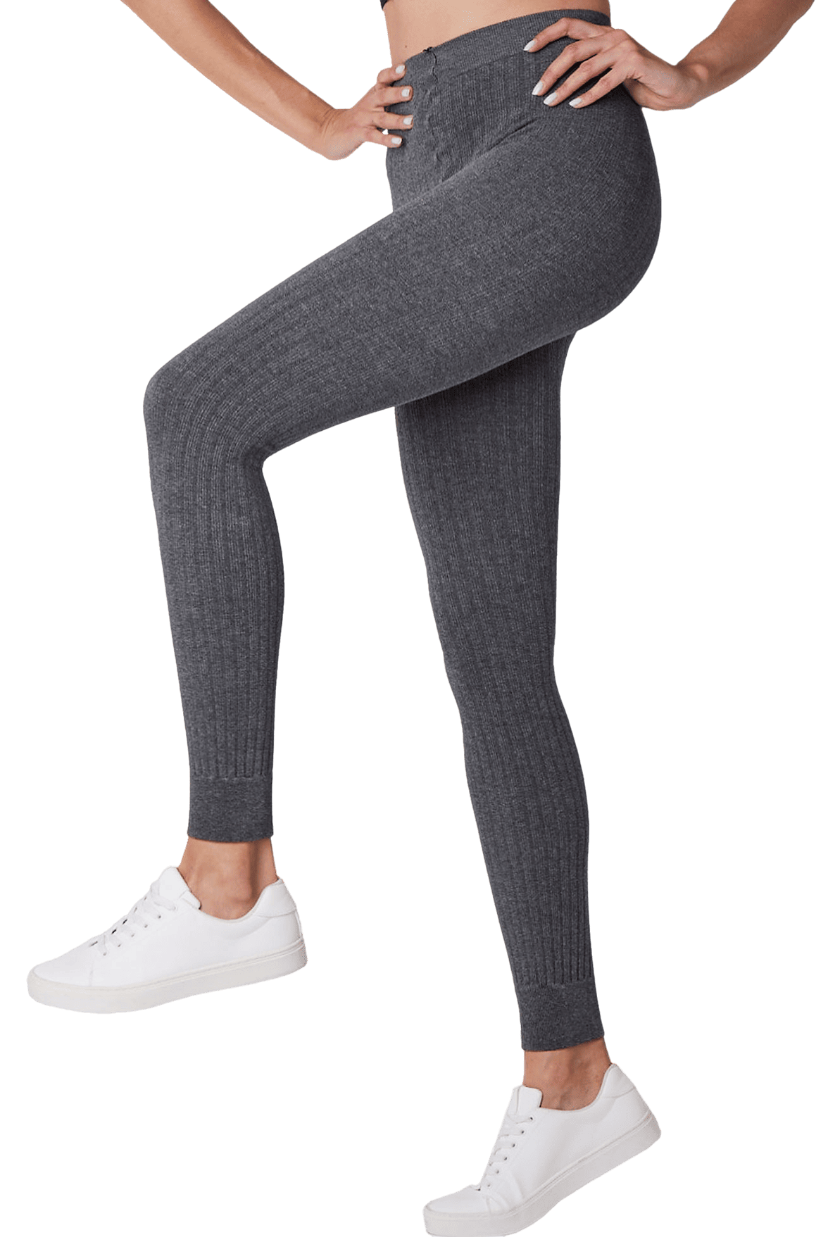Leggings Chaud Opaque Larges Côtes - Gris Chiné