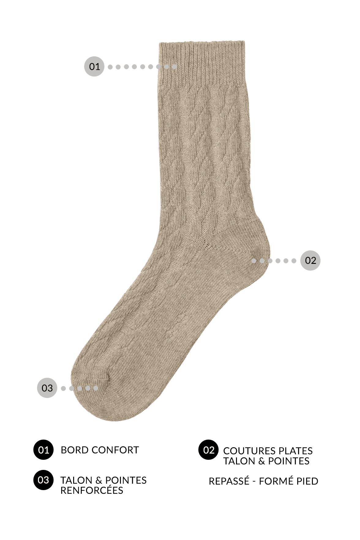 Chaussettes Motif Torsades en Coton et Laine d'Alpaga - Gris Chiné