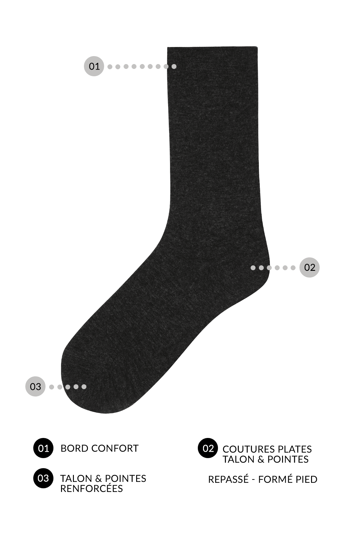 Chaussettes Unies Bord Roulotté en Modal et Cachemire - Noir Chiné