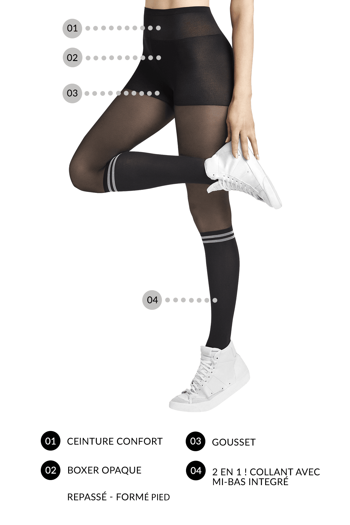 Collant Semi-Opaque Uni avec Mi-Bas Intégrée 35/70D Dressing - Noir