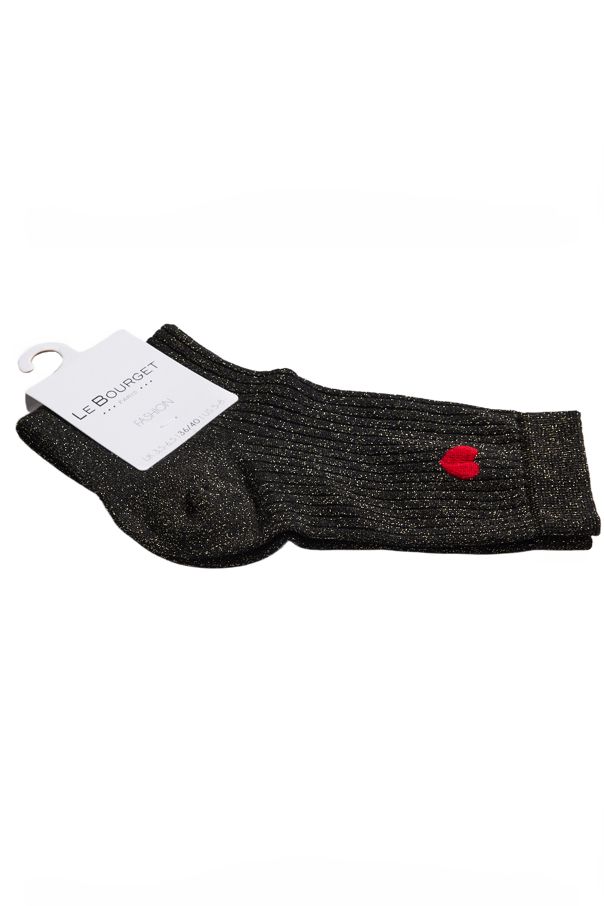 Socquettes Côtelées Lurex Motif Petit Coeur Placé - Noir Or
