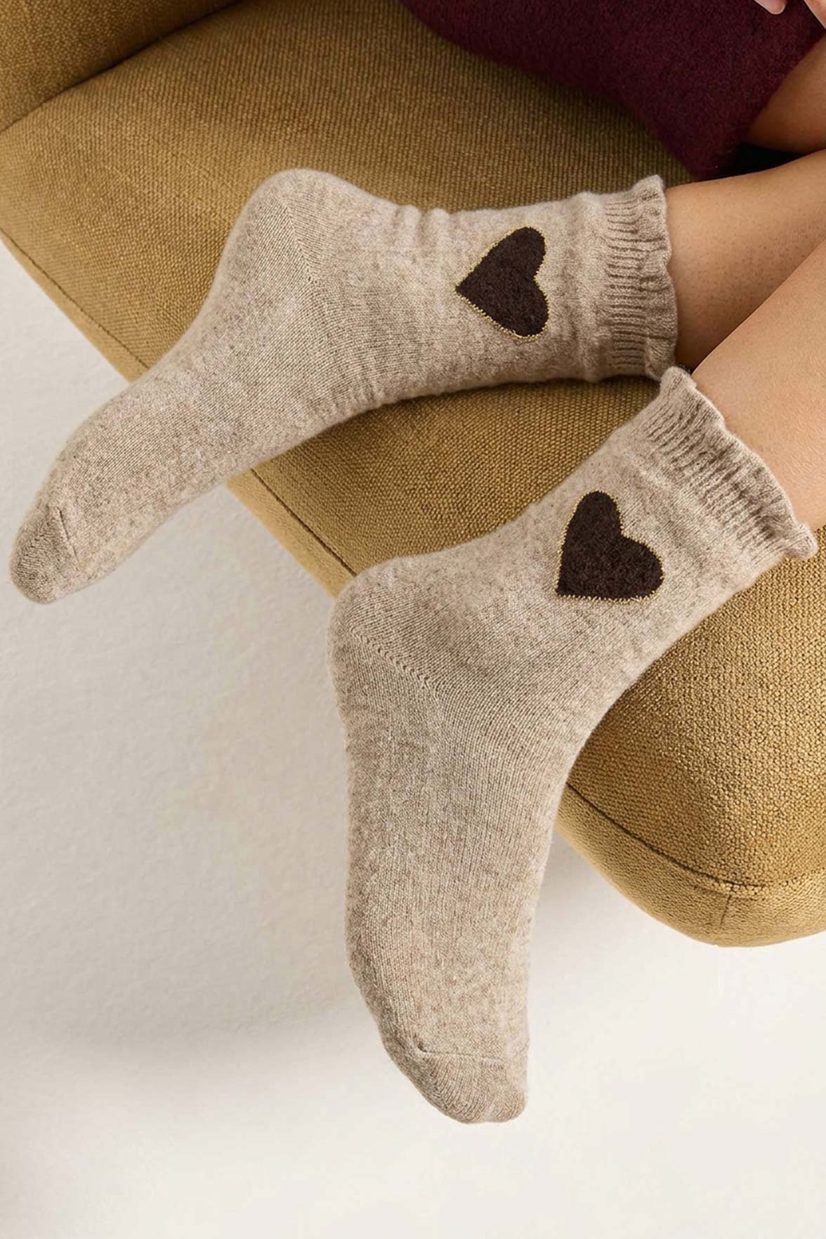 Chaussettes Fantaisie Motif Coeur Placé - Camel