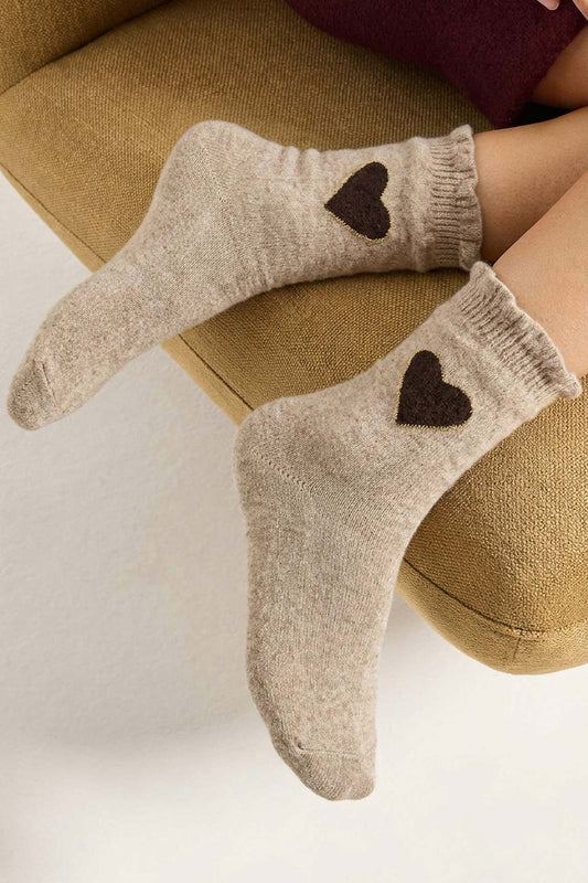 Chaussettes Fantaisie Motif Coeur Placé - Camel