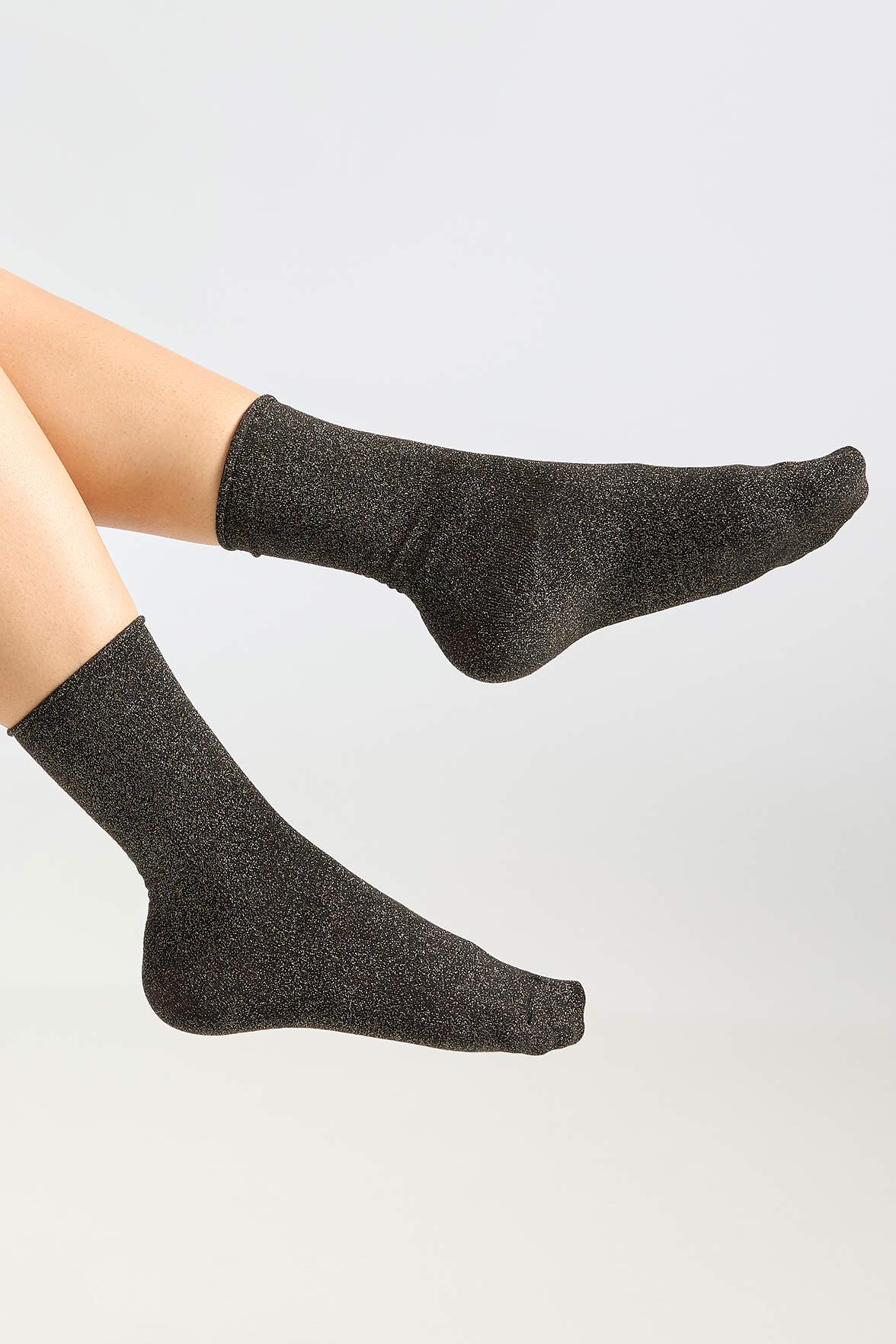 Chaussettes Lurex Unies Bord Roulotté - Noir/Or