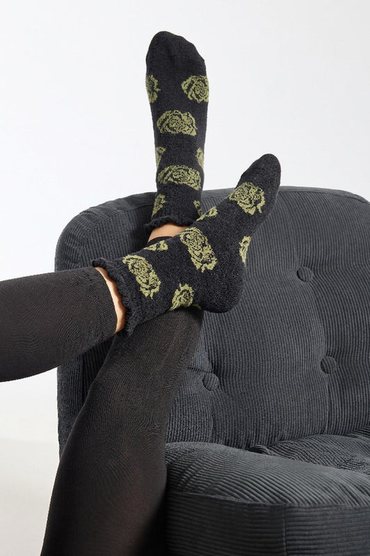 Chaussettes Fantaisie Motif Rose All-Over - Noir/kaki