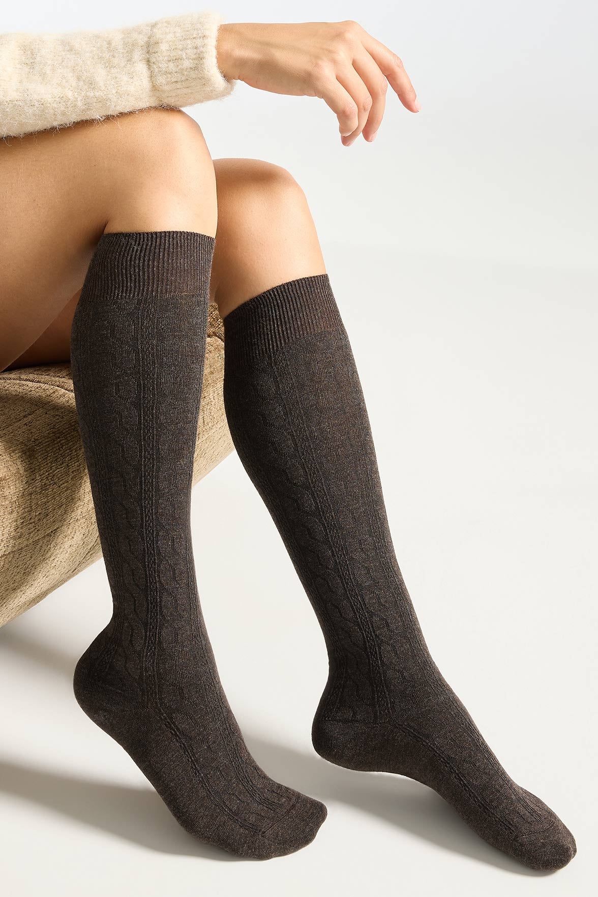 Mi-Bas Fantaisie Motif Torsades - Marron
