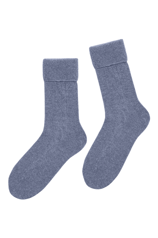 Chaussettes Torsadées avec Revers en Laine et Cachemire - Bleu Jean