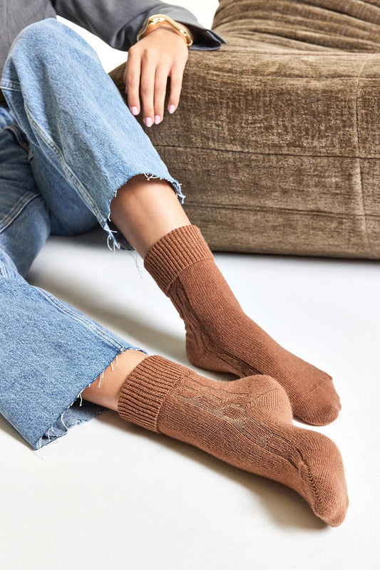 Chaussettes Torsadées avec Revers en Laine et Cachemire - Cacao