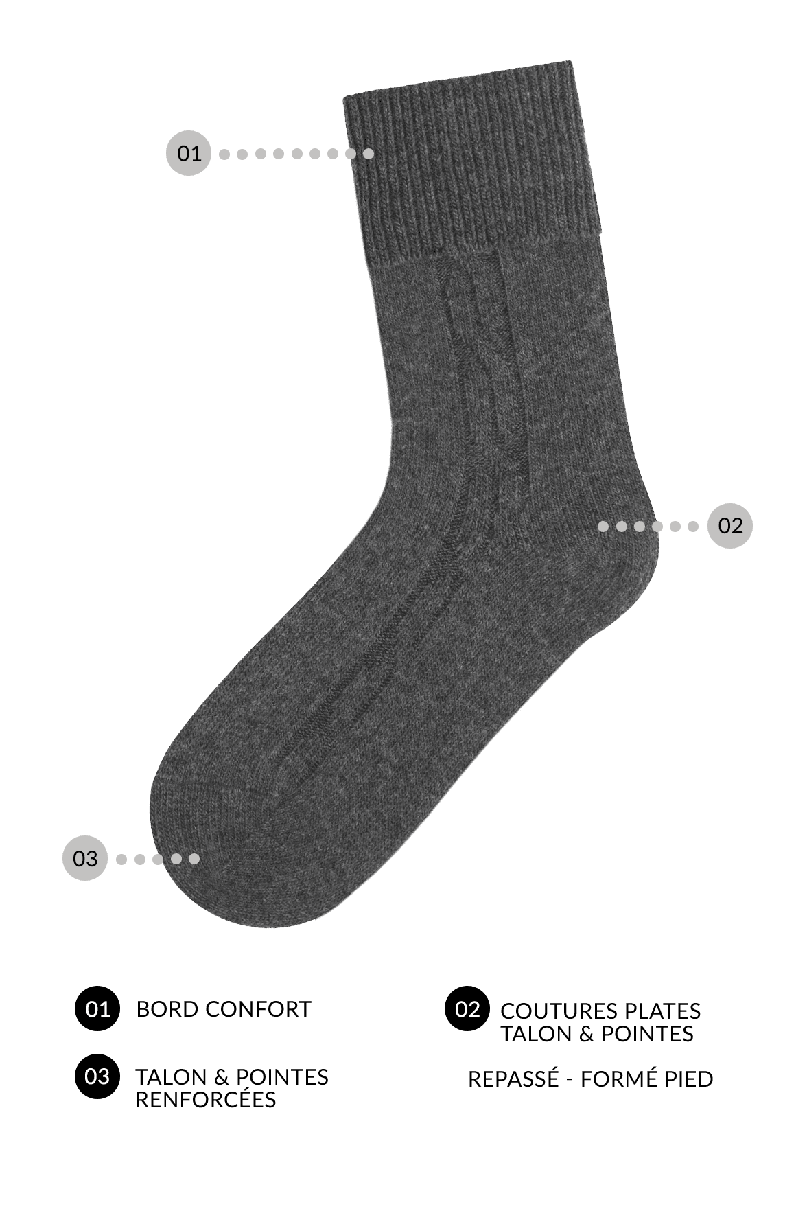 Chaussettes Torsadées avec Revers en Laine et Cachemire - Gris