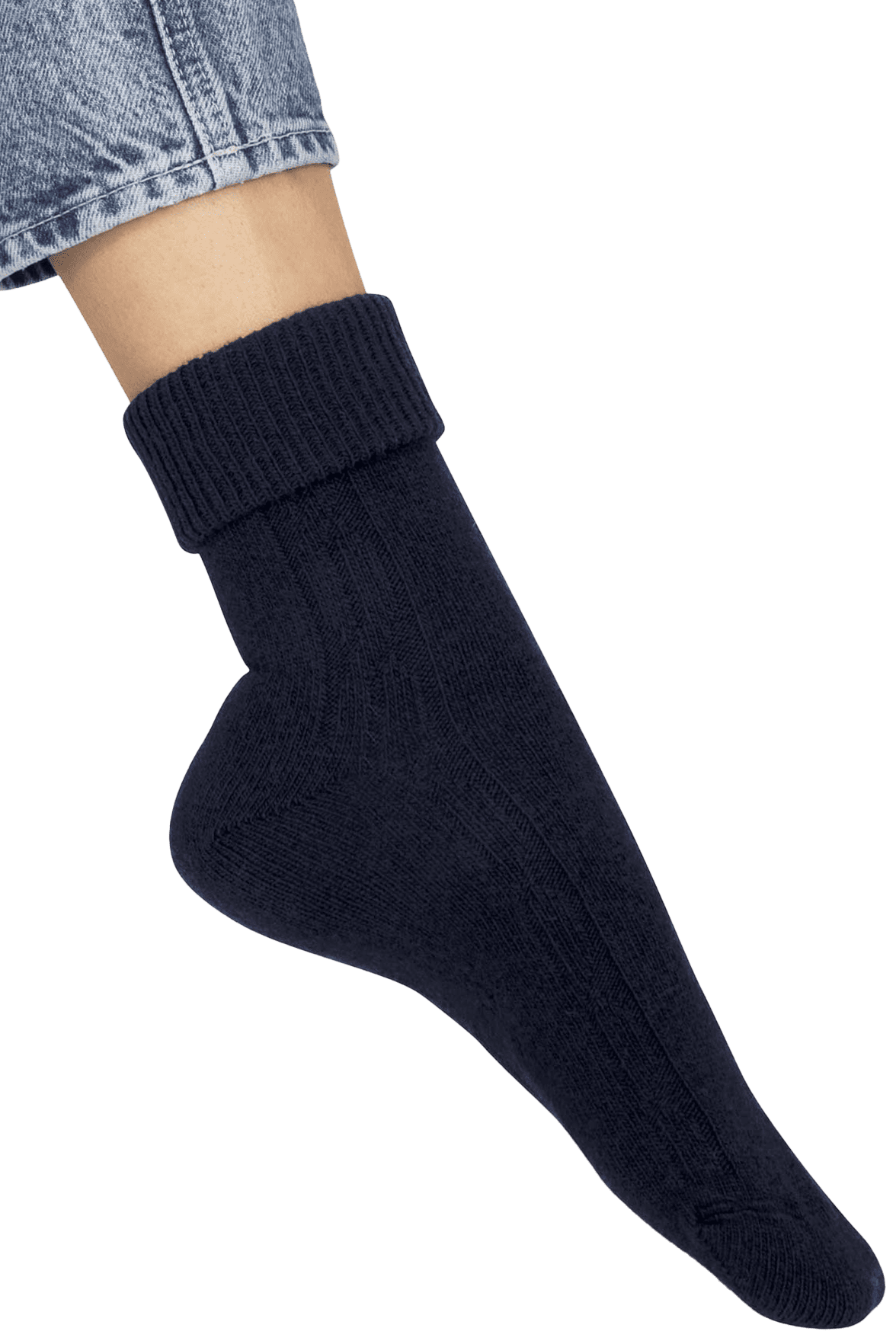 Chaussettes Torsadées avec Revers en Laine et Cachemire - Marine