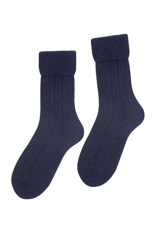 Chaussettes Torsadées avec Revers en Laine et Cachemire - Marine