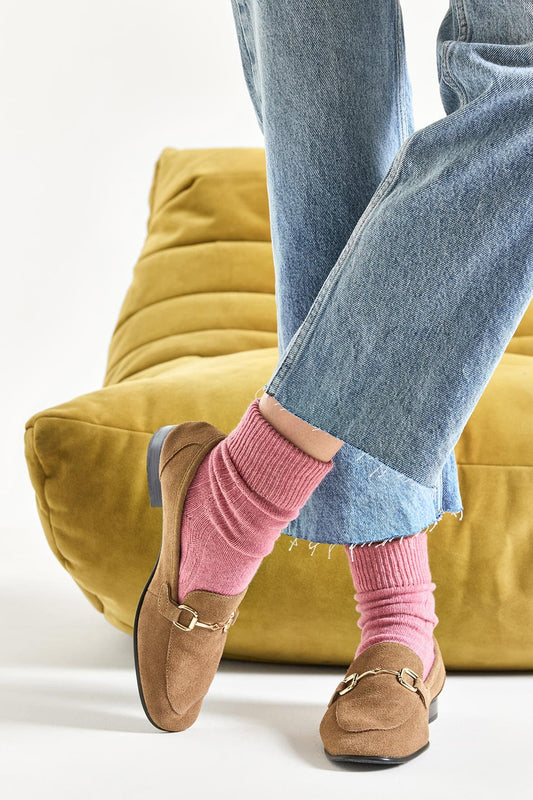 Chaussettes Torsadées avec Revers en Laine et Cachemire - Rose