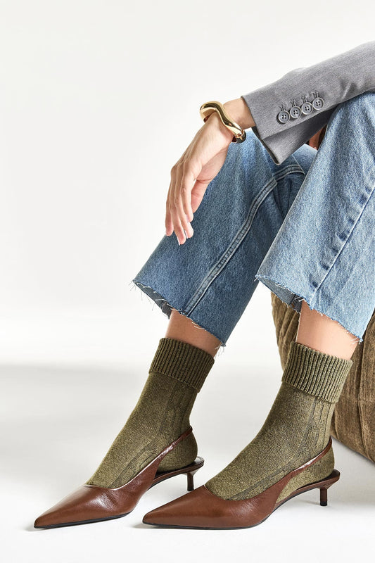 Chaussettes Torsadées avec Revers en Laine et Cachemire - Vert Kaki