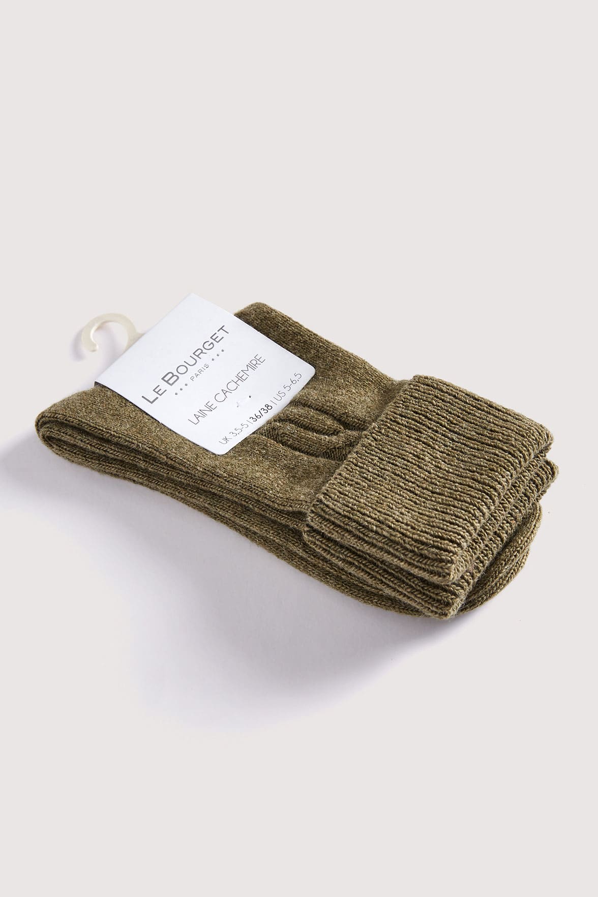Chaussettes Torsadées avec Revers en Laine et Cachemire - Vert Kaki