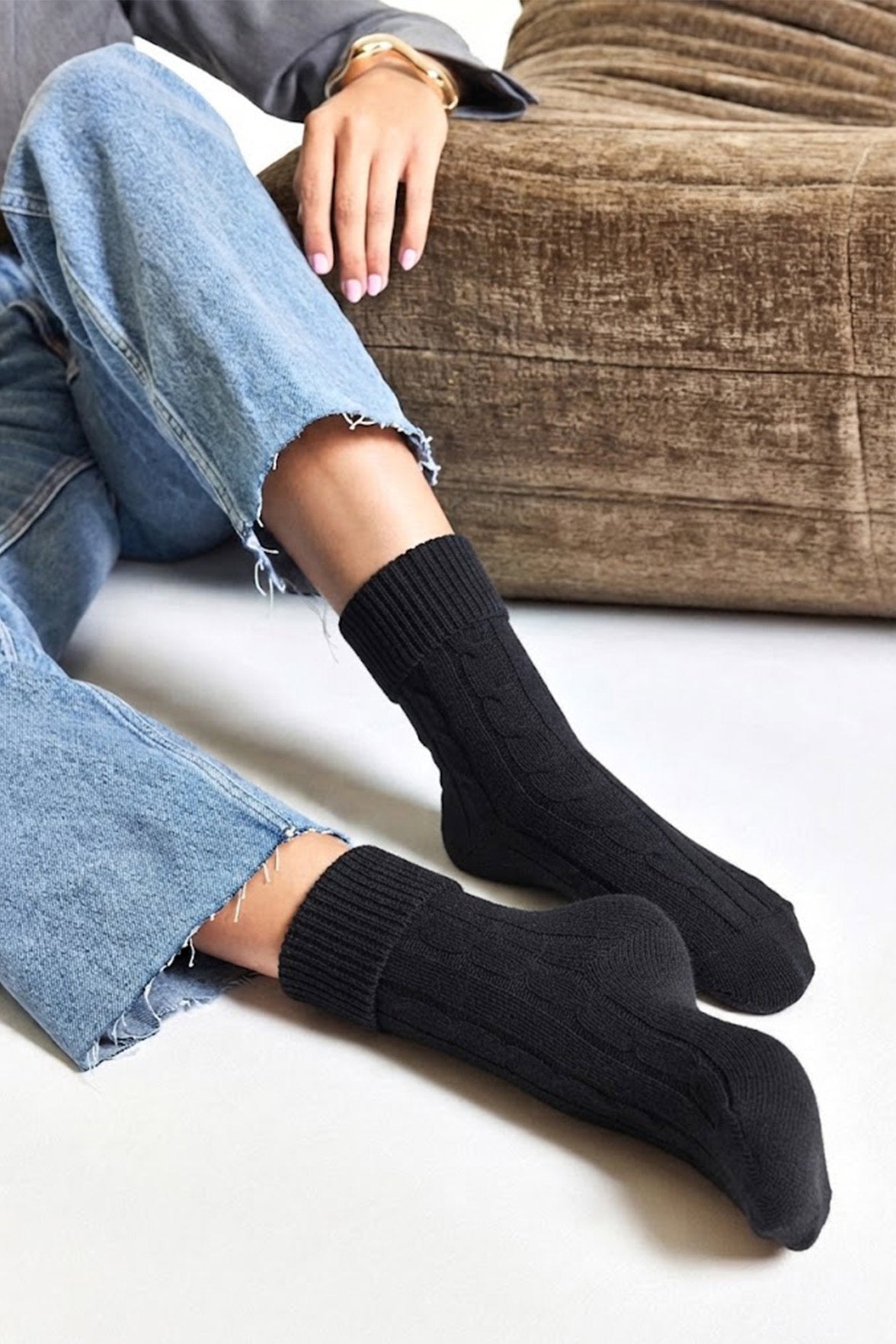 Chaussettes Torsadées avec Revers en Laine et Cachemire - Marron Glacé