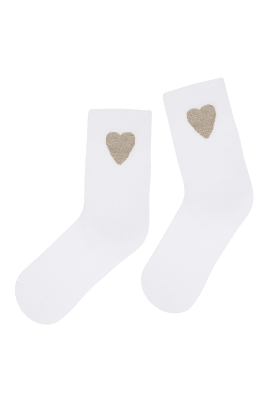 Socquettes Fantaisies Sport Motif Cœur Lurex avec Semelle Bouclette - Blanc Or