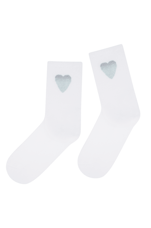 Socquettes Fantaisies Sport Motif Cœur Lurex avec Semelle Bouclette - Blanc Rosé
