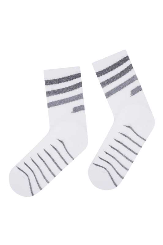 Socquettes Fantaisies Sport Motif Rayures Lurex avec Semelle Bouclette - Blanc Bleu