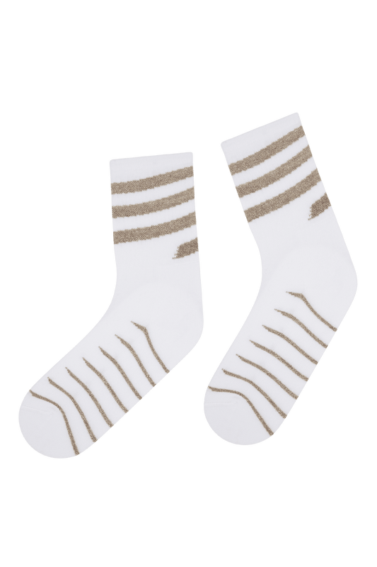 Socquettes Fantaisies Sport Motif Rayures Lurex avec Semelle Bouclette - Blanc Or