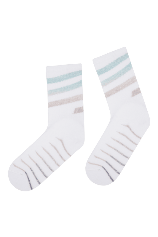 Socquettes Fantaisies Sport Motif Rayures Lurex avec Semelle Bouclette - Blanc Rosé