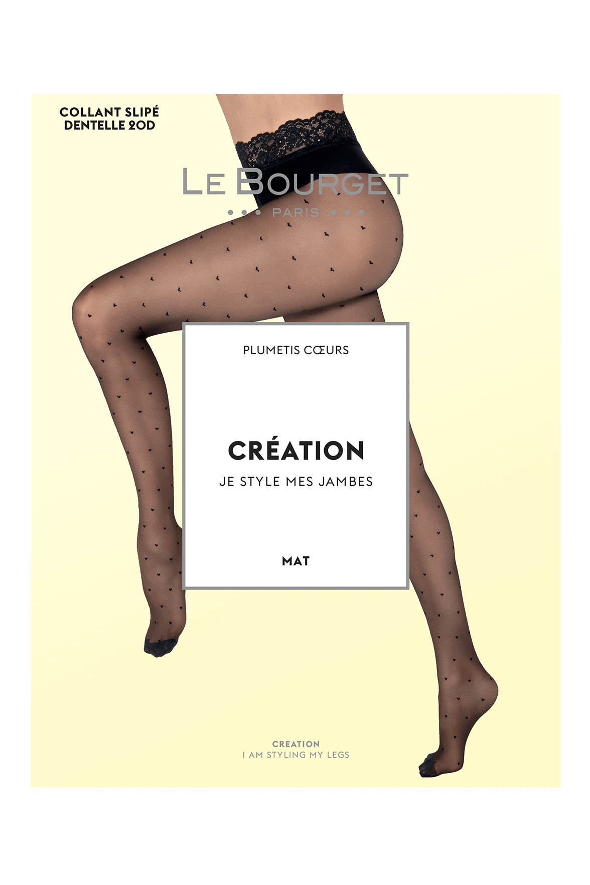 Collant Slipé Dentelle et motif Plumetis Coeurs 20D Création - Noir