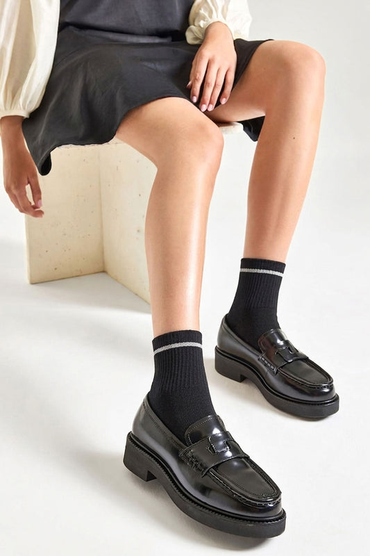 Socquettes Côtelées avec Bande de Lurex - Noir