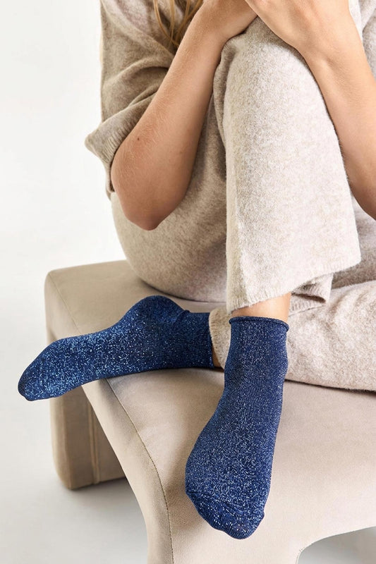 Socquettes Unies en Lurex et Bords Roulottés - Bleu Céleste