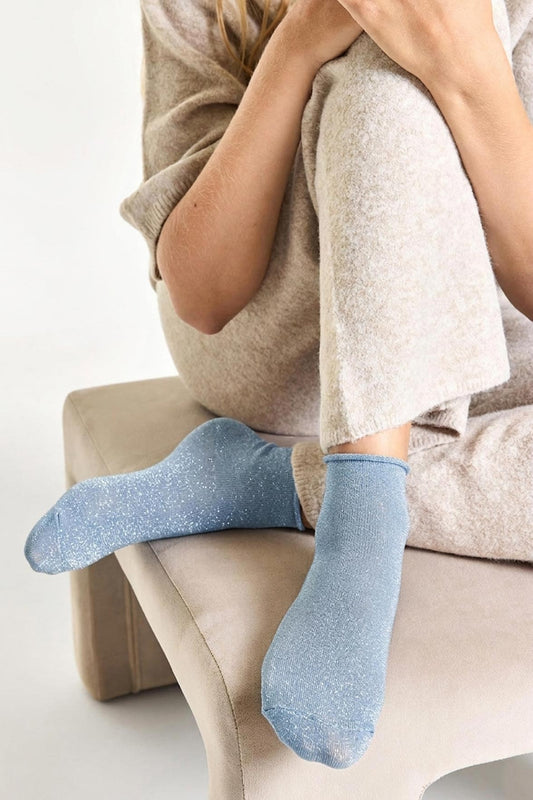 Socquettes Unies en Lurex et Bords Roulottés - Bleu Glacier