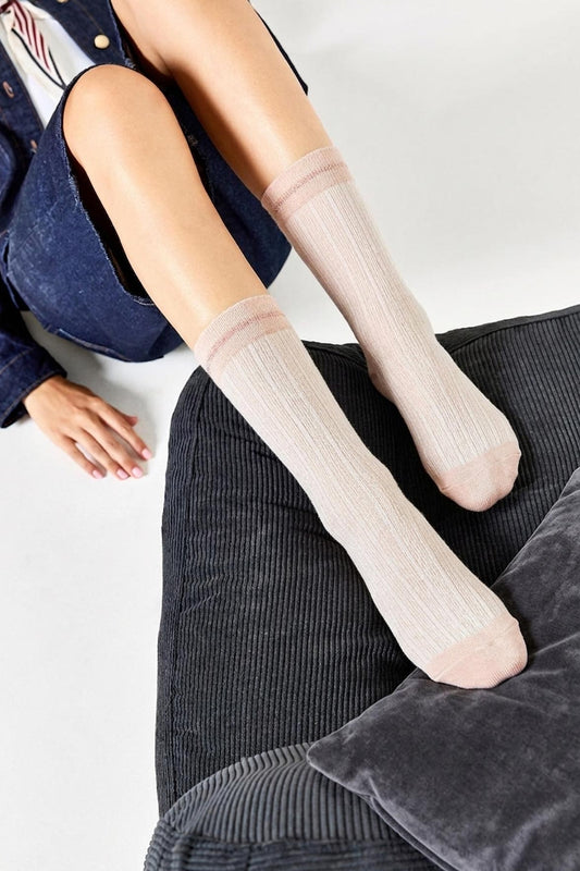 Socquettes Fantaisies Effet de Maille avec Bande de Lurex - Beige