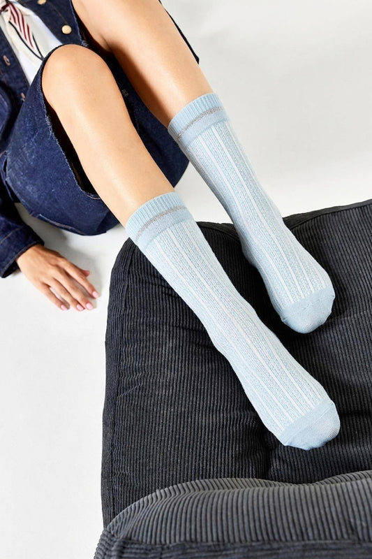 Socquettes Fantaisies Effet de Maille avec Bande de Lurex - Bleu Ciel