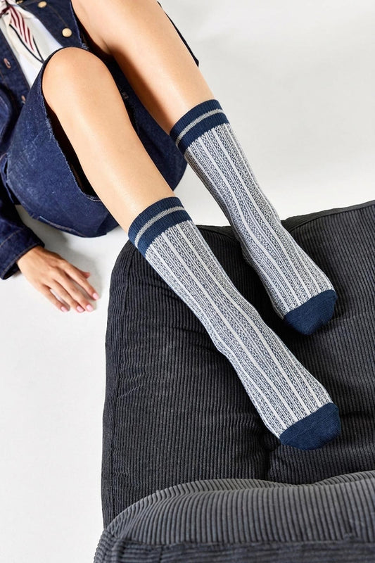 Socquettes Fantaisies Effet de Maille avec Bande de Lurex - Marine