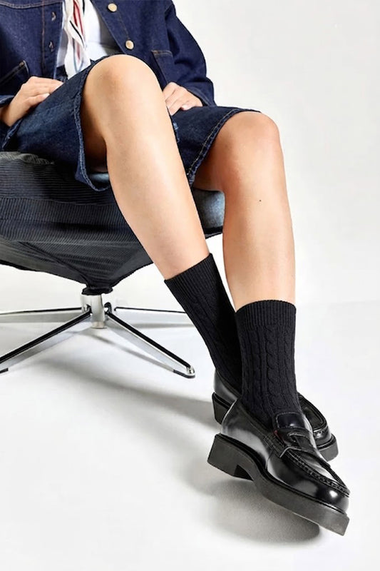 Chaussettes Motif Torsades en Coton et Laine d'Alpaga - Noir