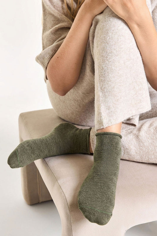 Socquettes Bord Roulotté en Coton Bio - Kaki