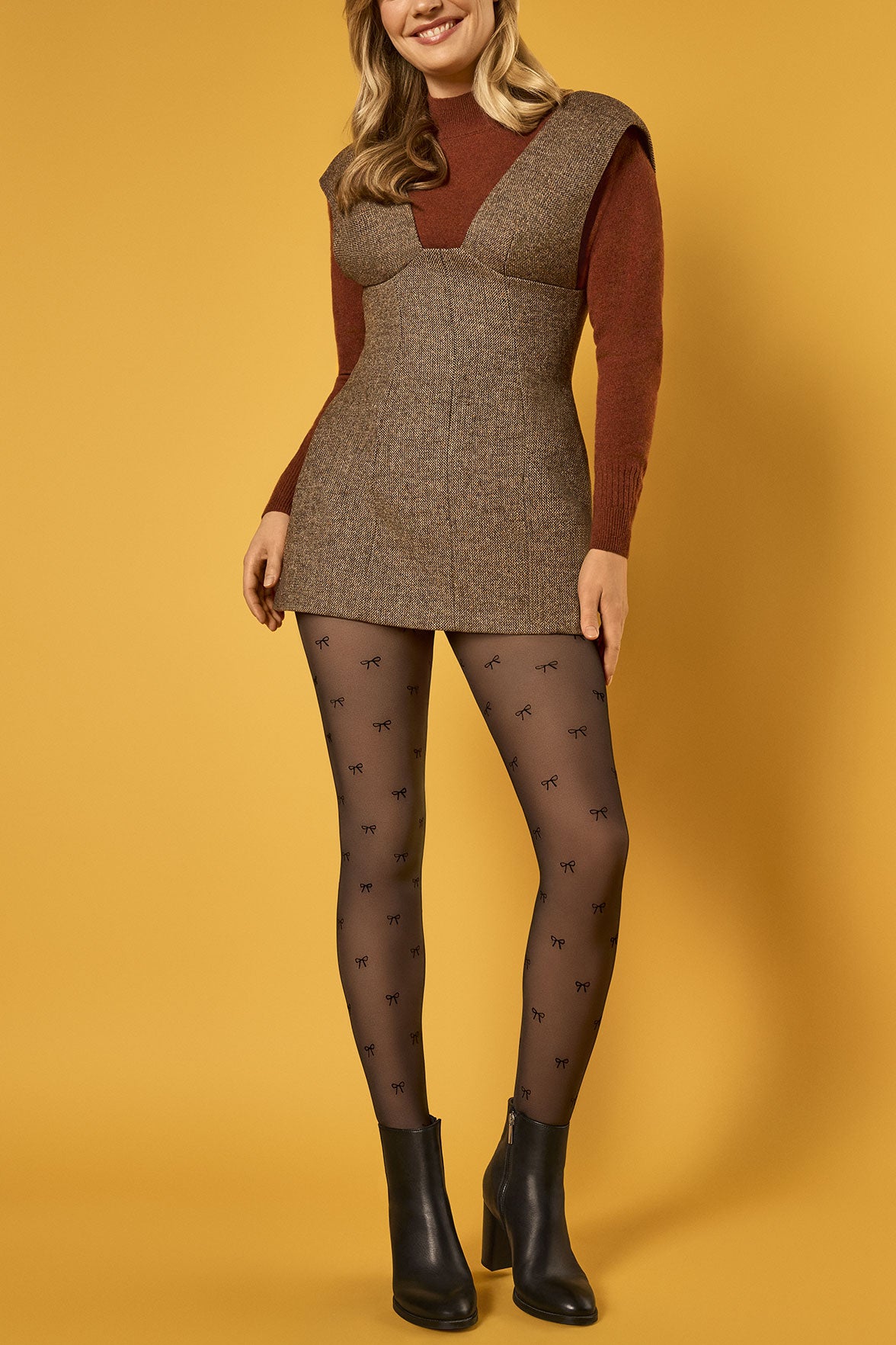 Collant Ultra Chaud et Transparent Fantaisie Motif All Over Noeud - Noir