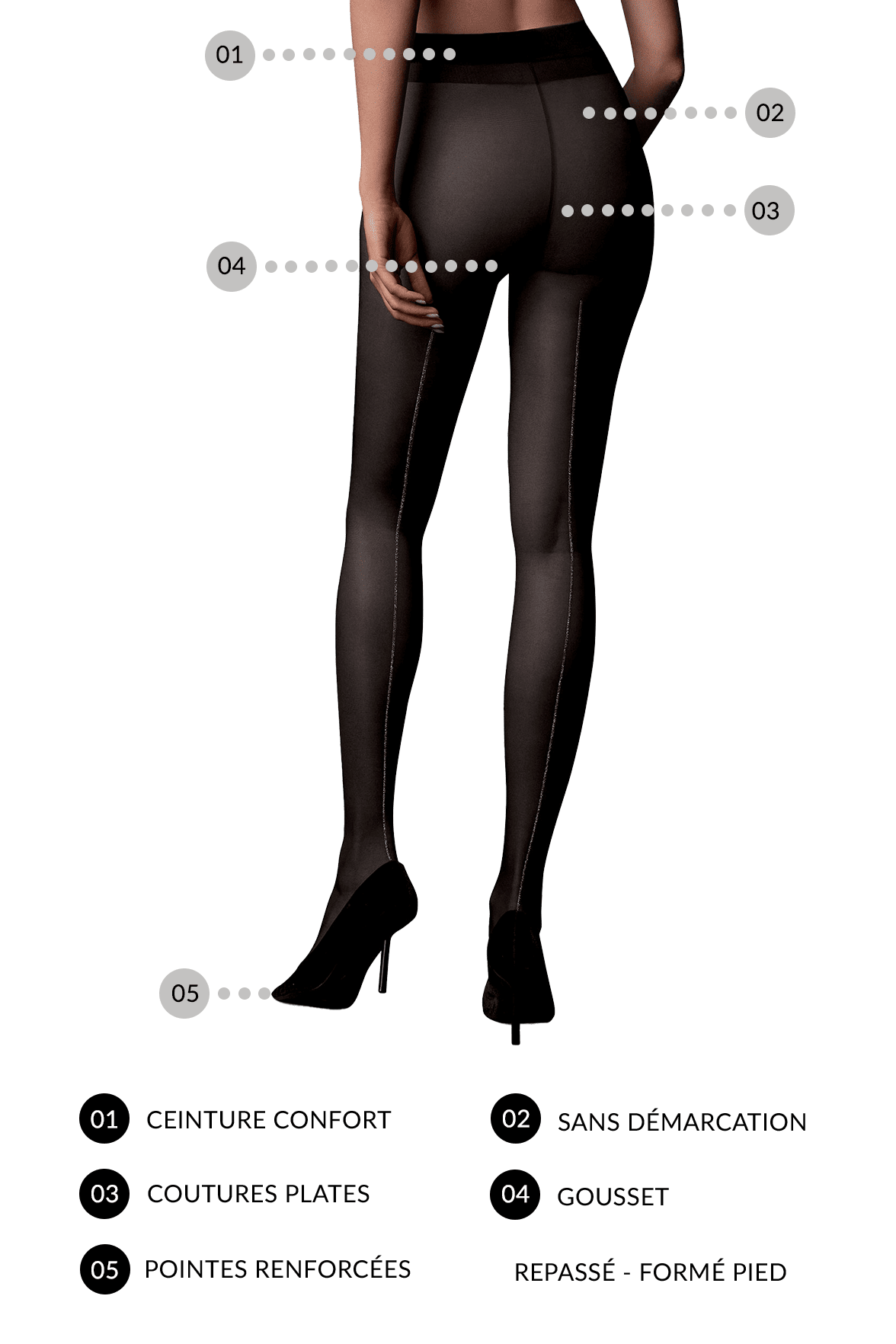 Collant Transparent Couture Arrière Fantaisie Lurex 20D Dessous Chics - Noir Argent