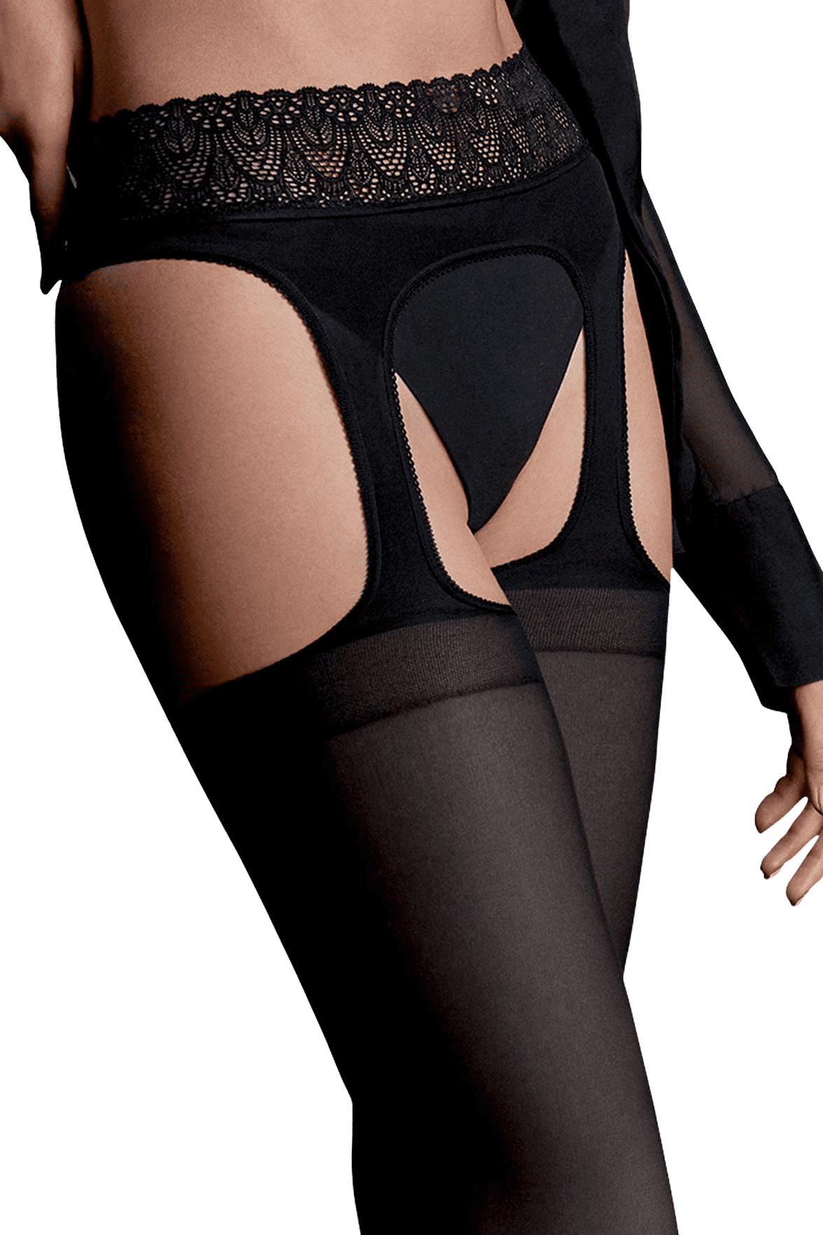 Collant Semi-Opaque Ceinture Dentelle et Porte-Jarretelles Intégré 40D Dessous Chics - Noir