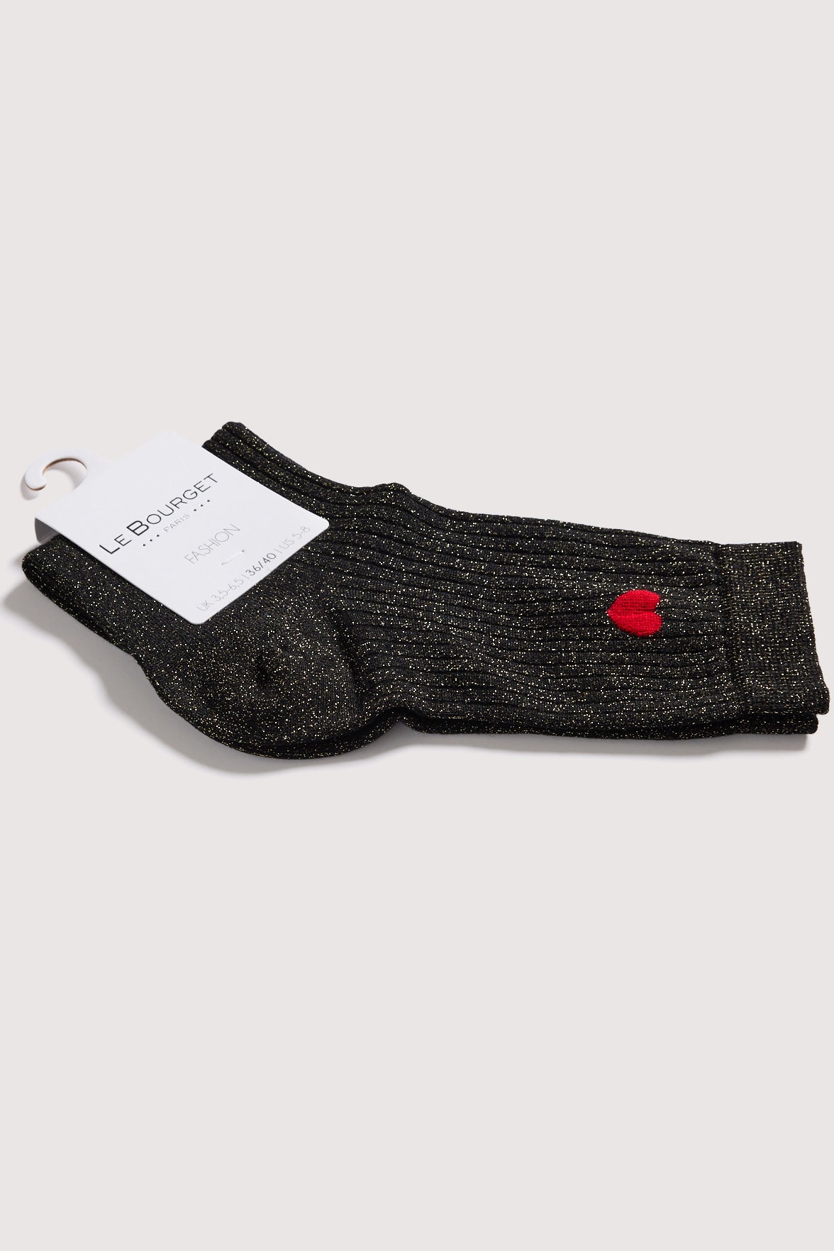 Socquettes Côtelées Lurex Motif Petit Coeur Placé - Noir Or