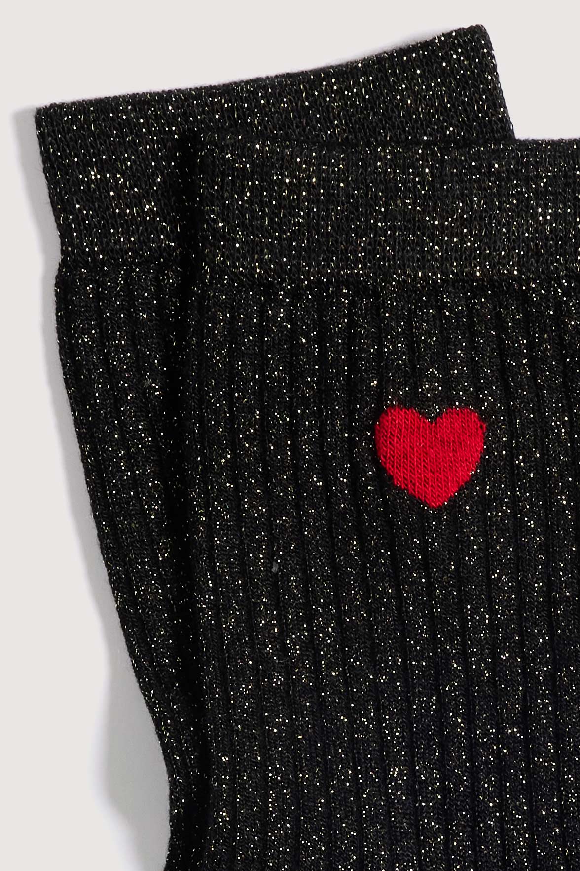 Socquettes Côtelées Lurex Motif Petit Coeur Placé - Noir Or