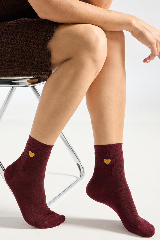 Socquettes Côtelées Lurex Motif Petit Coeur Placé - Rubis